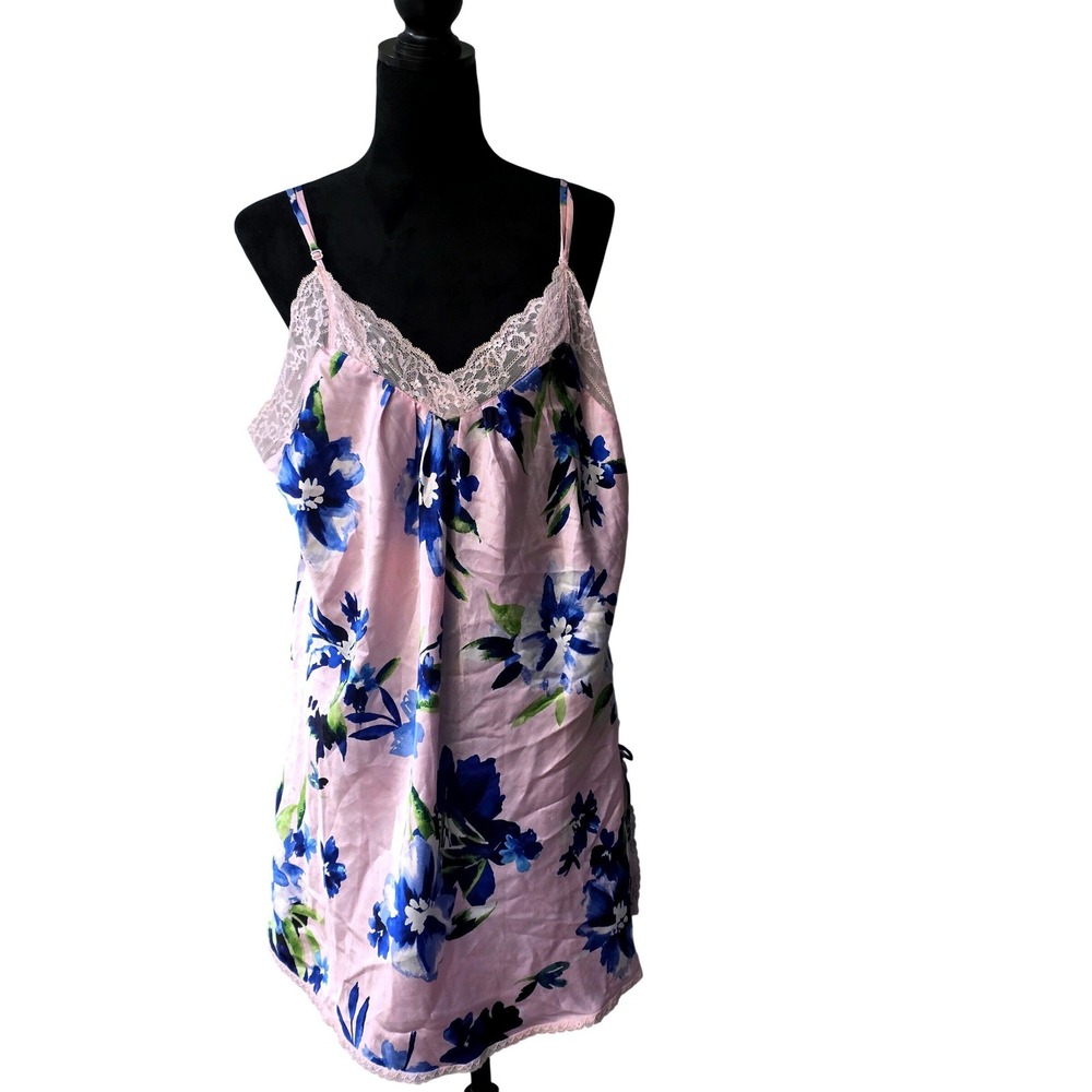 Oscar De La Renta Pink Floral‎ Satin Lace Trim Chemise Slip Nightgown Womens 1X